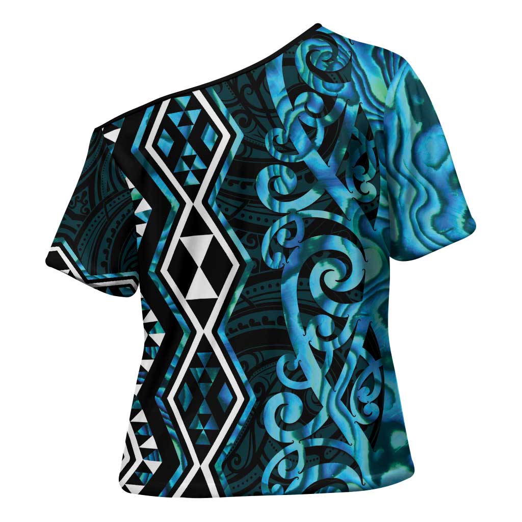 Turquoise Aotearoa Cross Shoulder Shirt Taniko Motifs With Paua Shell Kowhaiwhai - Aussie Hoodie
