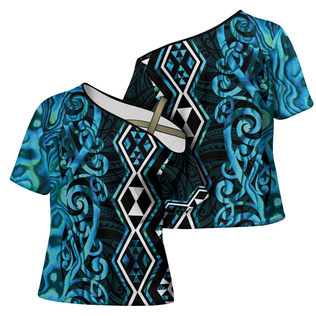 Turquoise Aotearoa Cross Shoulder Shirt Taniko Motifs With Paua Shell Kowhaiwhai - Aussie Hoodie