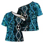Turquoise Aotearoa Cross Shoulder Shirt Taniko Motifs With Paua Shell Kowhaiwhai - Aussie Hoodie