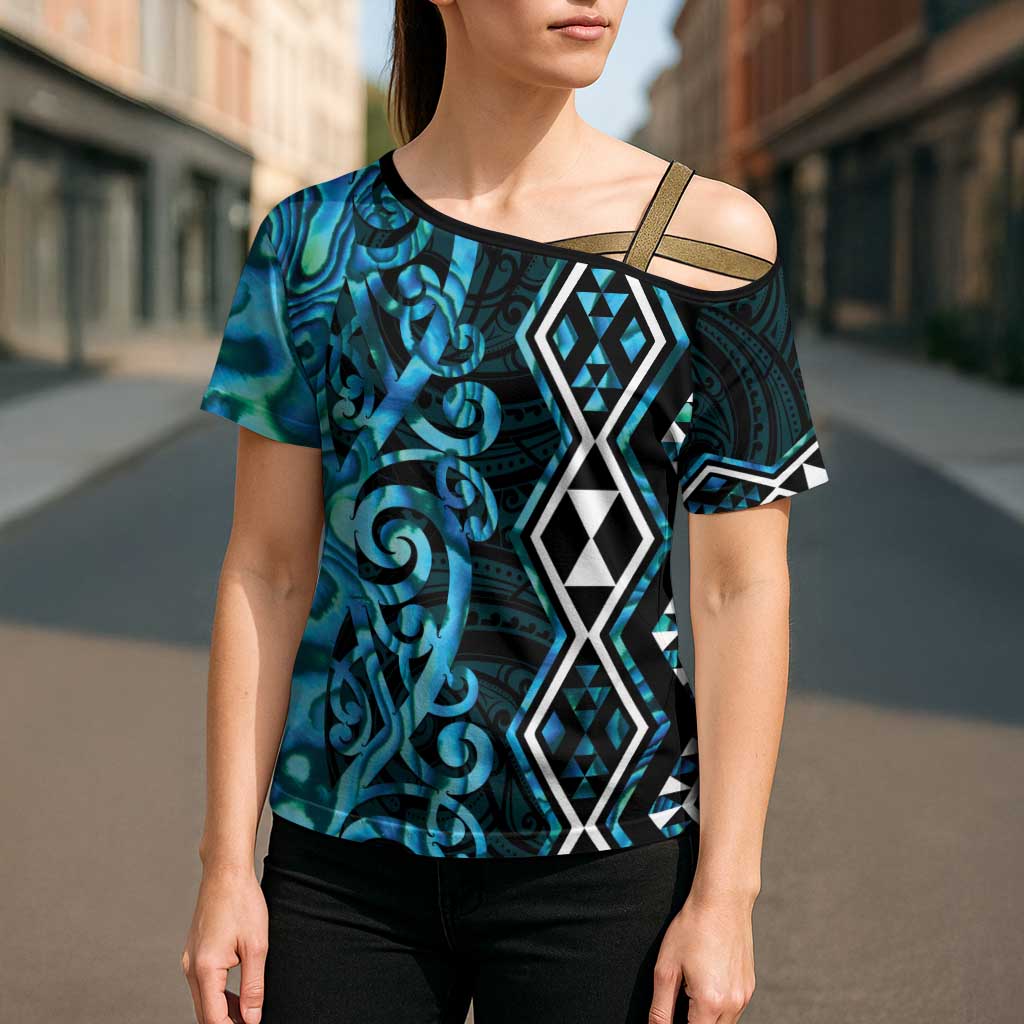 Turquoise Aotearoa Cross Shoulder Shirt Taniko Motifs With Paua Shell Kowhaiwhai - Aussie Hoodie