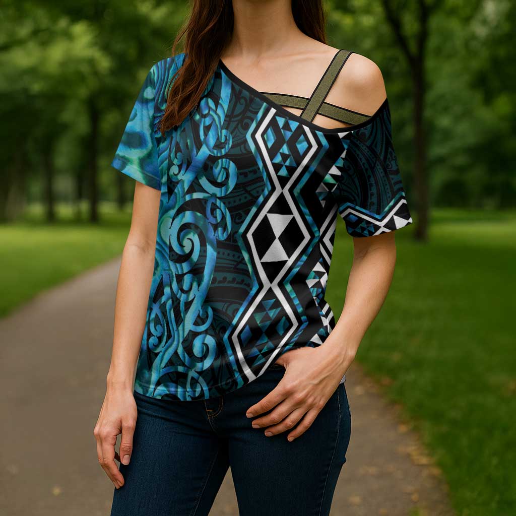 Turquoise Aotearoa Cross Shoulder Shirt Taniko Motifs With Paua Shell Kowhaiwhai - Aussie Hoodie