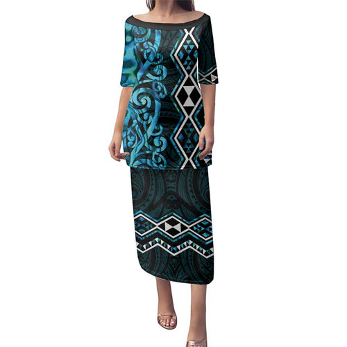 Turquoise Aotearoa Family Matching Puletasi and Hawaiian Shirt Taniko Motifs With Paua Shell Kowhaiwhai