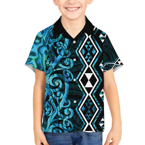 Turquoise Aotearoa Family Matching Summer Maxi Dress and Hawaiian Shirt Taniko Motifs With Paua Shell Kowhaiwhai