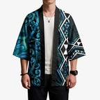 Turquoise Aotearoa Kimono Taniko Motifs With Paua Shell Kowhaiwhai - Aussie Hoodie