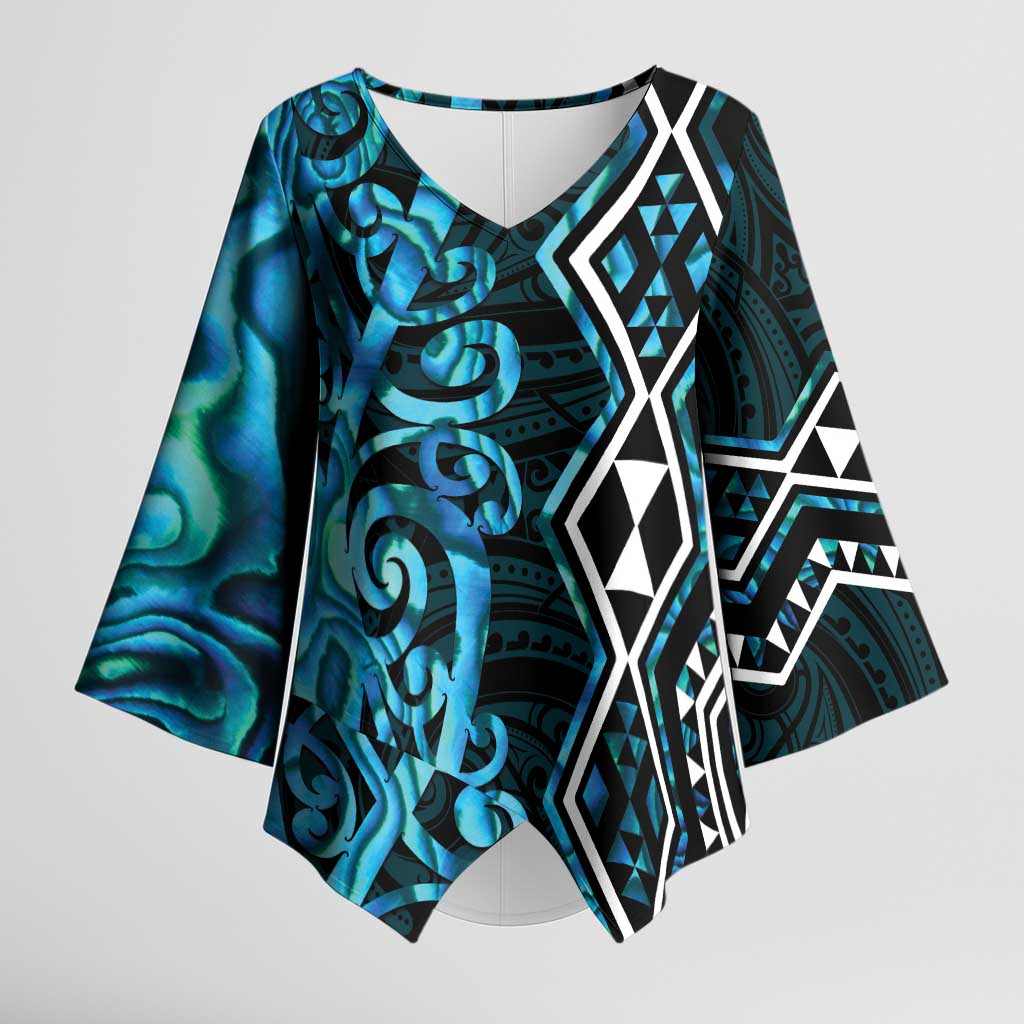 Turquoise Aotearoa Kimono Sleeve Blouse Taniko Motifs With Paua Shell Kowhaiwhai - Aussie Hoodie