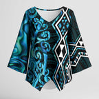 Turquoise Aotearoa Kimono Sleeve Blouse Taniko Motifs With Paua Shell Kowhaiwhai - Aussie Hoodie