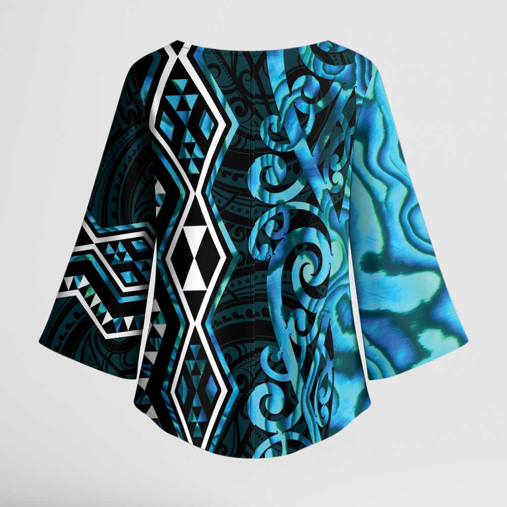 Turquoise Aotearoa Kimono Sleeve Blouse Taniko Motifs With Paua Shell Kowhaiwhai - Aussie Hoodie