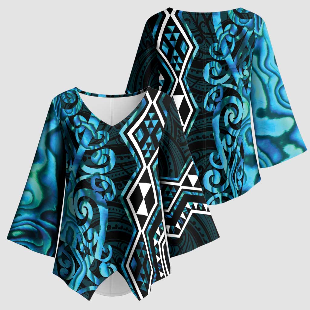 Turquoise Aotearoa Kimono Sleeve Blouse Taniko Motifs With Paua Shell Kowhaiwhai - Aussie Hoodie