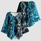 Turquoise Aotearoa Kimono Sleeve Blouse Taniko Motifs With Paua Shell Kowhaiwhai - Aussie Hoodie