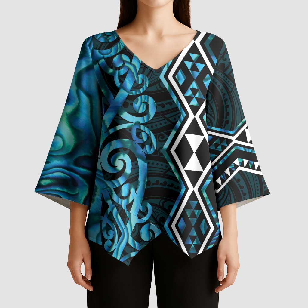 Turquoise Aotearoa Kimono Sleeve Blouse Taniko Motifs With Paua Shell Kowhaiwhai - Aussie Hoodie