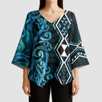 Turquoise Aotearoa Kimono Sleeve Blouse Taniko Motifs With Paua Shell Kowhaiwhai - Aussie Hoodie