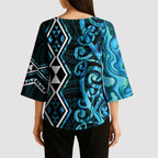 Turquoise Aotearoa Kimono Sleeve Blouse Taniko Motifs With Paua Shell Kowhaiwhai - Aussie Hoodie