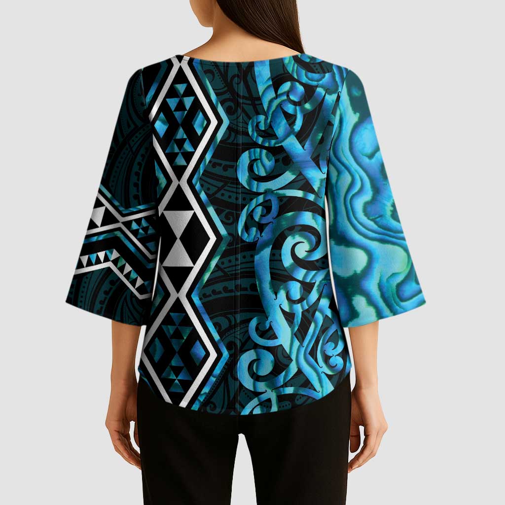 Turquoise Aotearoa Kimono Sleeve Blouse Taniko Motifs With Paua Shell Kowhaiwhai - Aussie Hoodie