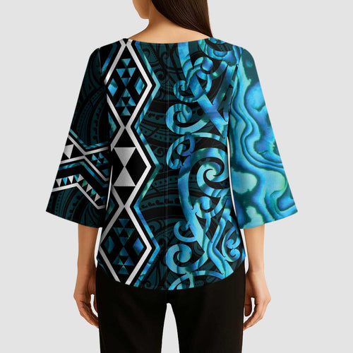 Turquoise Aotearoa Kimono Sleeve Blouse Taniko Motifs With Paua Shell Kowhaiwhai - Aussie Hoodie