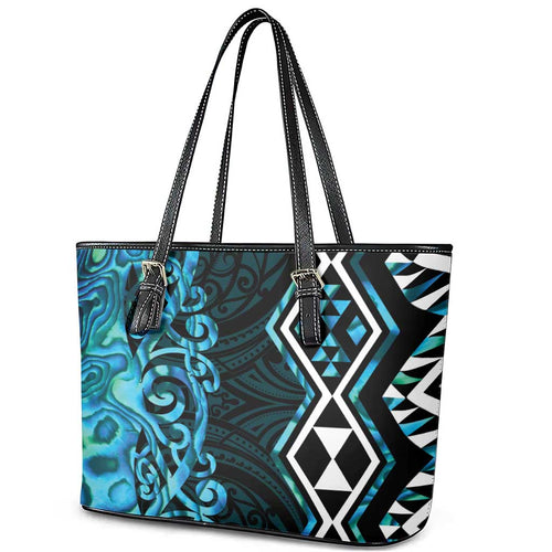 Turquoise Aotearoa Leather Tote Bag Taniko Motifs With Paua Shell Kowhaiwhai
