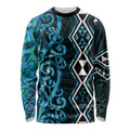 Turquoise Aotearoa Long Sleeve Shirt Taniko Motifs With Paua Shell Kowhaiwhai