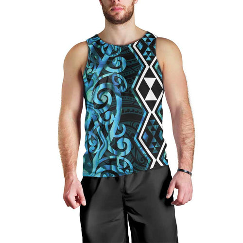 Turquoise Aotearoa Men Tank Top Taniko Motifs With Paua Shell Kowhaiwhai