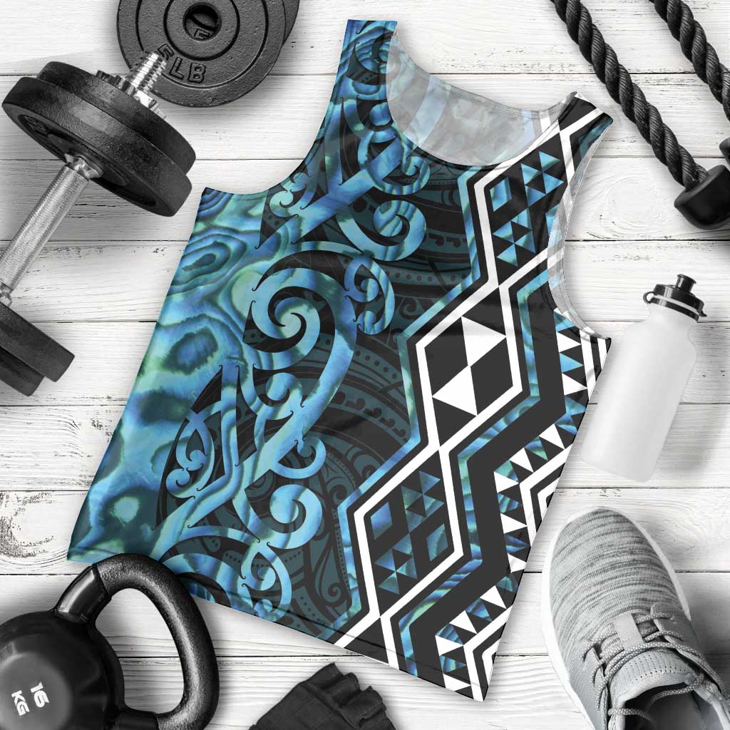 Turquoise Aotearoa Men Tank Top Taniko Motifs With Paua Shell Kowhaiwhai