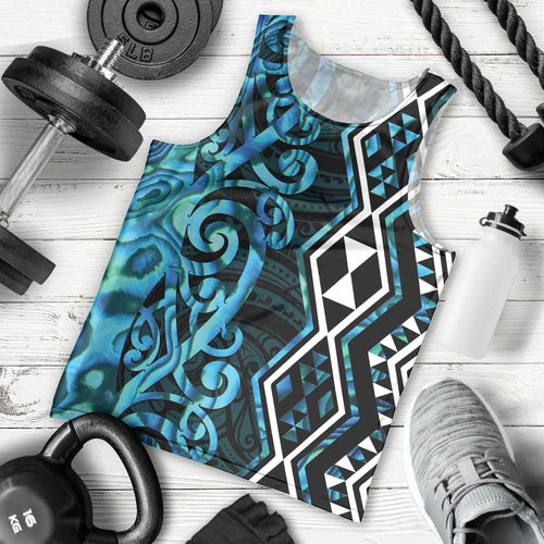 Turquoise Aotearoa Men Tank Top Taniko Motifs With Paua Shell Kowhaiwhai