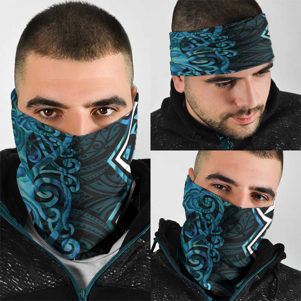 Turquoise Aotearoa Neck Gaiter Taniko Motifs With Paua Shell Kowhaiwhai - Aussie Hoodie