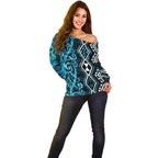 Turquoise Aotearoa Off Shoulder Sweater Taniko Motifs With Paua Shell Kowhaiwhai
