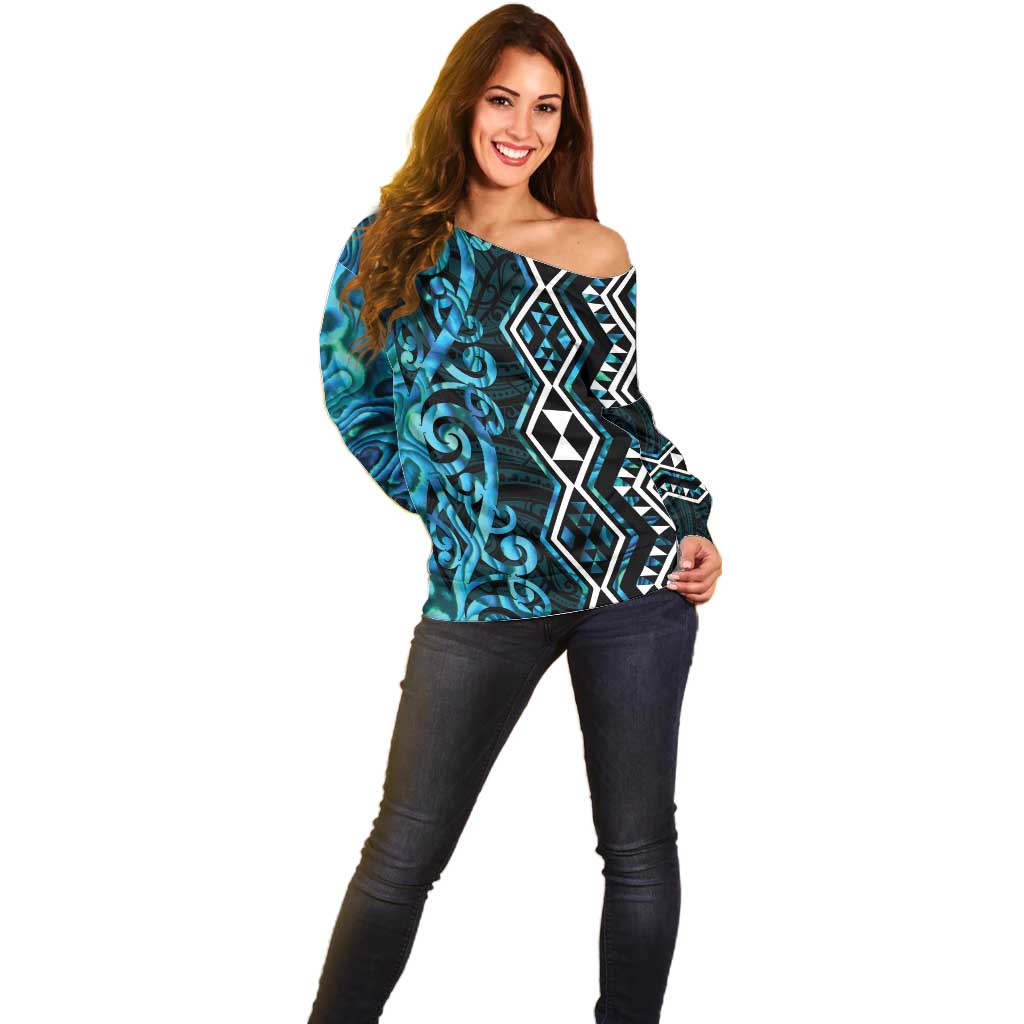 Turquoise Aotearoa Off Shoulder Sweater Taniko Motifs With Paua Shell Kowhaiwhai