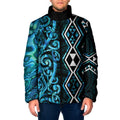 Turquoise Aotearoa Padded Jacket Taniko Motifs With Paua Shell Kowhaiwhai - Aussie Hoodie