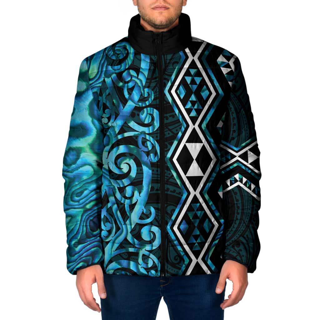 Turquoise Aotearoa Padded Jacket Taniko Motifs With Paua Shell Kowhaiwhai - Aussie Hoodie