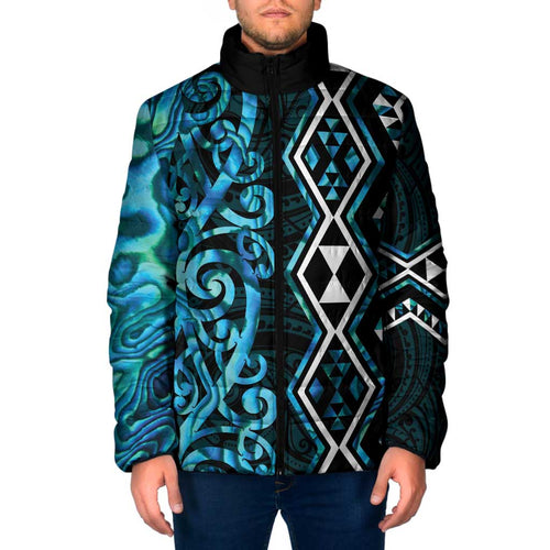 Turquoise Aotearoa Padded Jacket Taniko Motifs With Paua Shell Kowhaiwhai - Aussie Hoodie