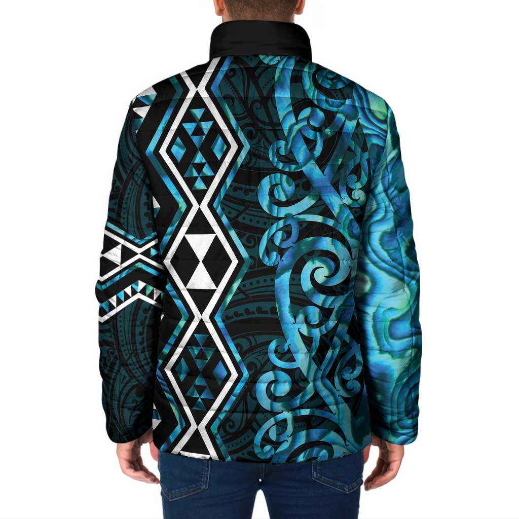 Turquoise Aotearoa Padded Jacket Taniko Motifs With Paua Shell Kowhaiwhai - Aussie Hoodie