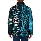 Turquoise Aotearoa Padded Jacket Taniko Motifs With Paua Shell Kowhaiwhai - Aussie Hoodie