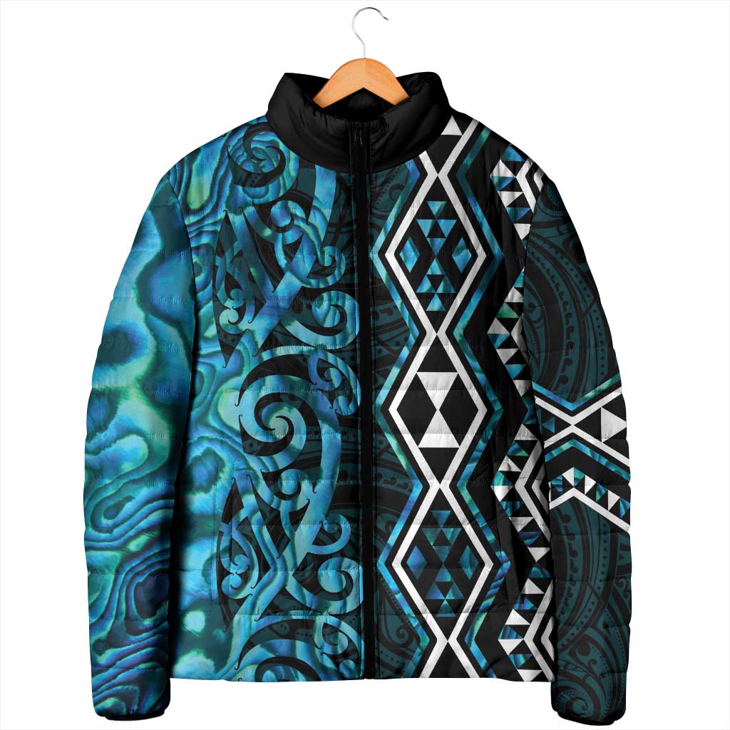 Turquoise Aotearoa Padded Jacket Taniko Motifs With Paua Shell Kowhaiwhai - Aussie Hoodie