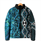 Turquoise Aotearoa Padded Jacket Taniko Motifs With Paua Shell Kowhaiwhai - Aussie Hoodie