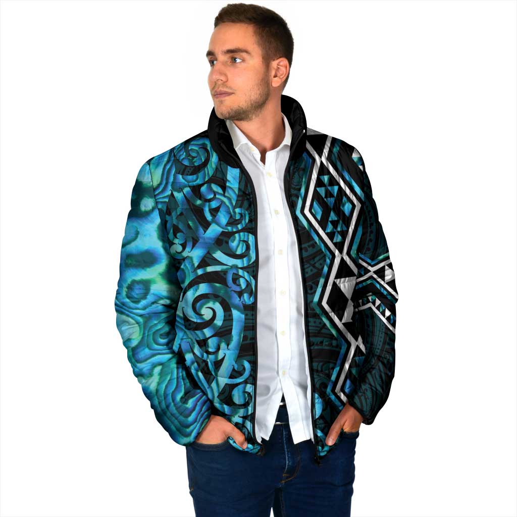 Turquoise Aotearoa Padded Jacket Taniko Motifs With Paua Shell Kowhaiwhai - Aussie Hoodie