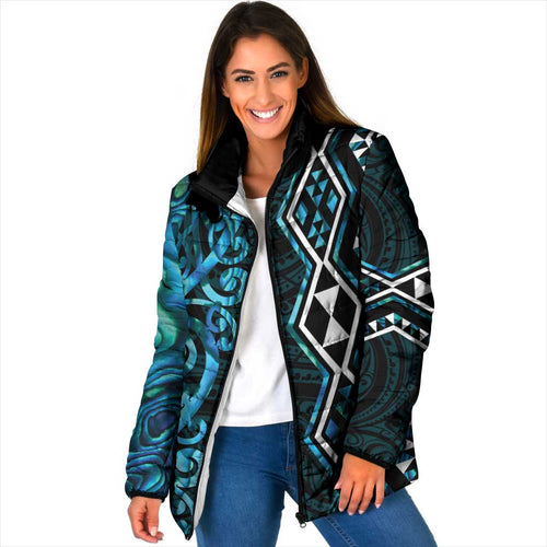 Turquoise Aotearoa Padded Jacket Taniko Motifs With Paua Shell Kowhaiwhai - Aussie Hoodie