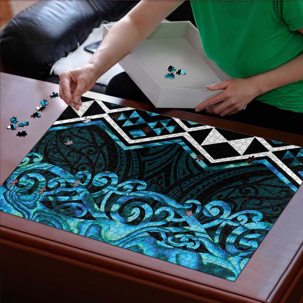 Turquoise Aotearoa Puzzle Taniko Motifs With Paua Shell Kowhaiwhai - Aussie Hoodie