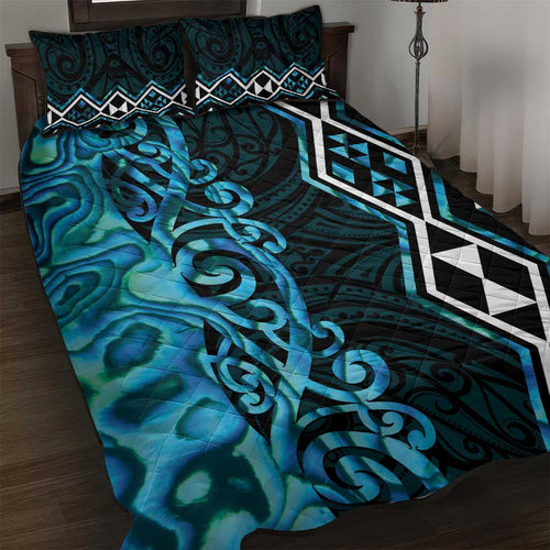 Turquoise Aotearoa Quilt Bed Set Taniko Motifs With Paua Shell Kowhaiwhai