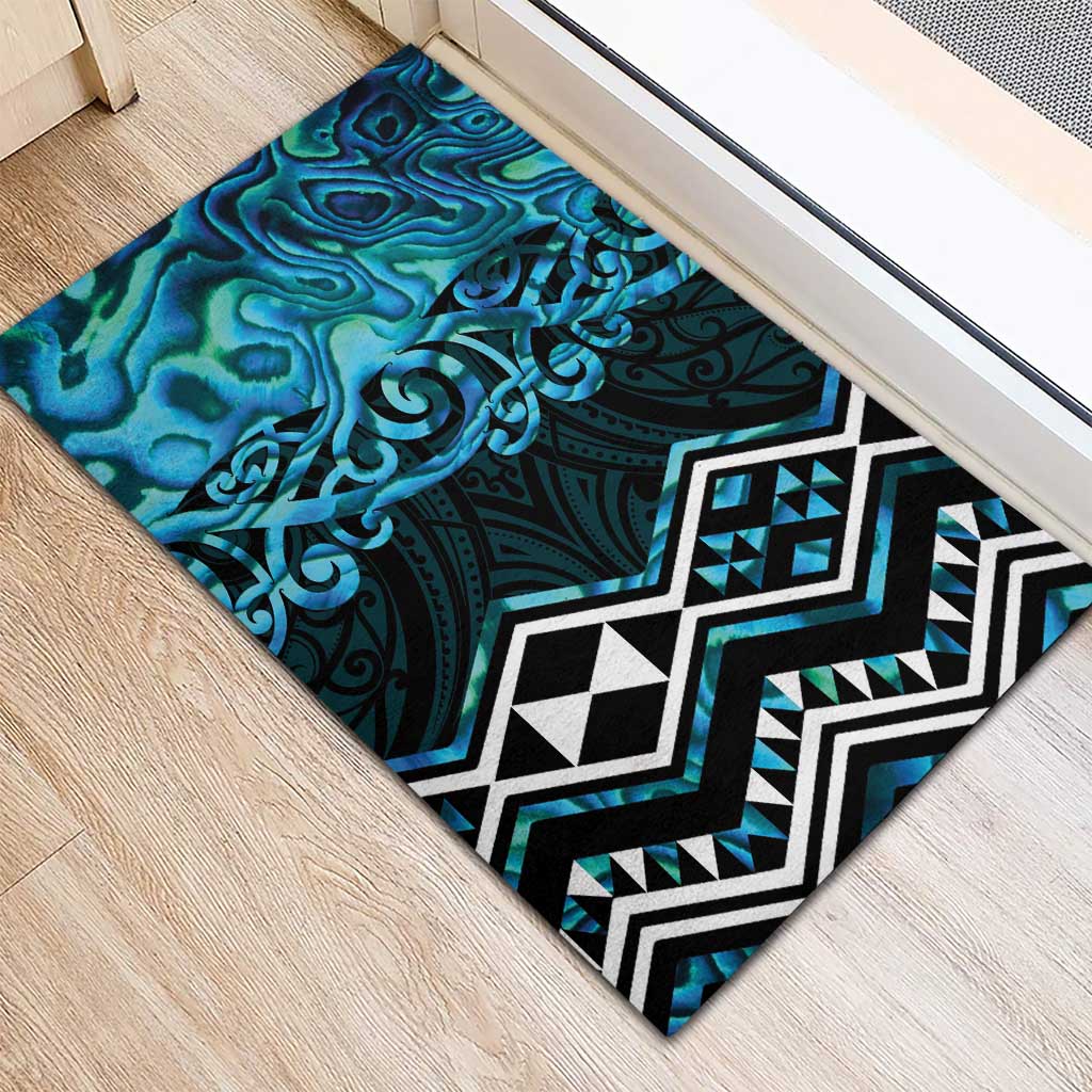 Turquoise Aotearoa Rubber Doormat Taniko Motifs With Paua Shell Kowhaiwhai