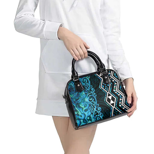 Turquoise Aotearoa Shoulder Handbag Taniko Motifs With Paua Shell Kowhaiwhai