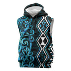 Turquoise Aotearoa Sleeveless Hoodie Taniko Motifs With Paua Shell Kowhaiwhai - Aussie Hoodie