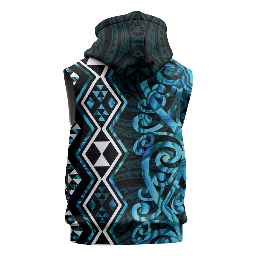 Turquoise Aotearoa Sleeveless Hoodie Taniko Motifs With Paua Shell Kowhaiwhai - Aussie Hoodie