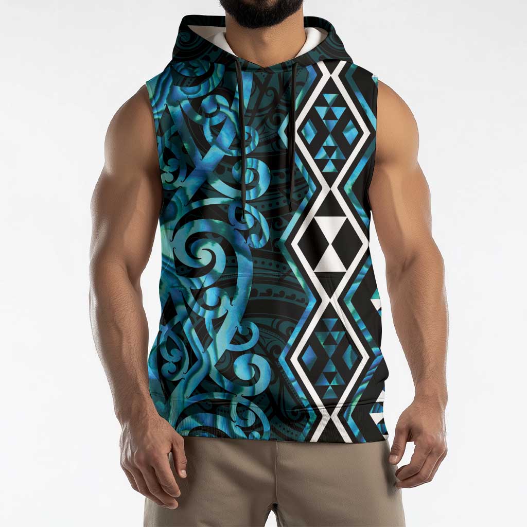 Turquoise Aotearoa Sleeveless Hoodie Taniko Motifs With Paua Shell Kowhaiwhai - Aussie Hoodie