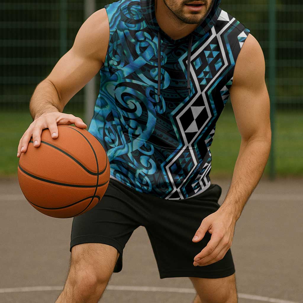 Turquoise Aotearoa Sleeveless Hoodie Taniko Motifs With Paua Shell Kowhaiwhai - Aussie Hoodie