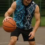 Turquoise Aotearoa Sleeveless Hoodie Taniko Motifs With Paua Shell Kowhaiwhai - Aussie Hoodie