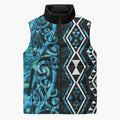Turquoise Aotearoa Sleeveless Puffer Jacket Taniko Motifs With Paua Shell Kowhaiwhai - Aussie Hoodie