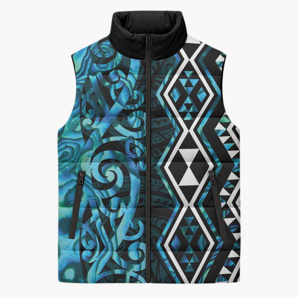 Turquoise Aotearoa Sleeveless Puffer Jacket Taniko Motifs With Paua Shell Kowhaiwhai - Aussie Hoodie