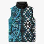 Turquoise Aotearoa Sleeveless Puffer Jacket Taniko Motifs With Paua Shell Kowhaiwhai - Aussie Hoodie