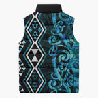 Turquoise Aotearoa Sleeveless Puffer Jacket Taniko Motifs With Paua Shell Kowhaiwhai - Aussie Hoodie