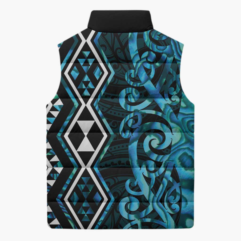 Turquoise Aotearoa Sleeveless Puffer Jacket Taniko Motifs With Paua Shell Kowhaiwhai - Aussie Hoodie