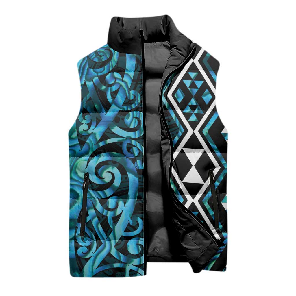 Turquoise Aotearoa Sleeveless Puffer Jacket Taniko Motifs With Paua Shell Kowhaiwhai - Aussie Hoodie